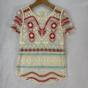 Sundance Women's Sz Small Ivory Embroidered Mesh Sheer Aztec Top Boho‎ Festival